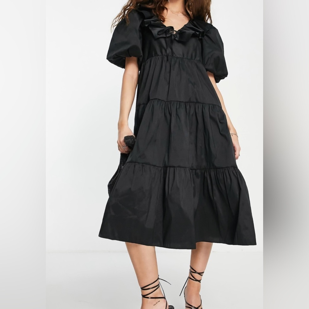 TOPSHOP Tiered Front Taffeta Midi Black Dress Size 14 - Picture 4 of 6